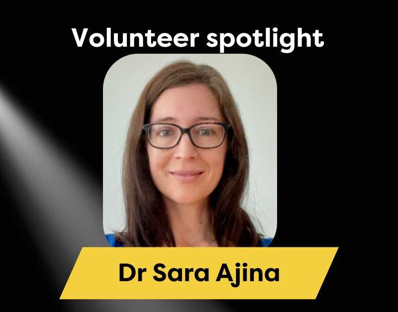 Graphic showing an image of In2research volunteer Dr Sara Ajina