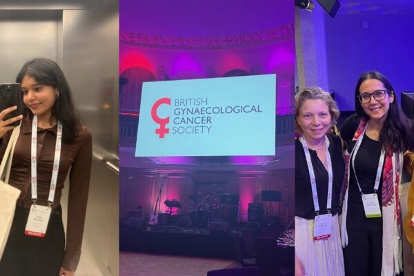 Three photographs showing Palak attending the British Gyneacological Cancer Society Conference