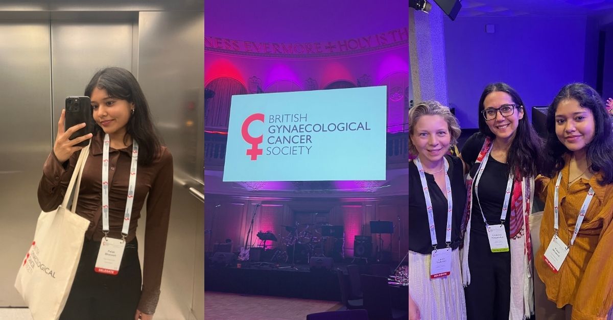 Three photographs showing Palak attending the British Gyneacological Cancer Society Conference