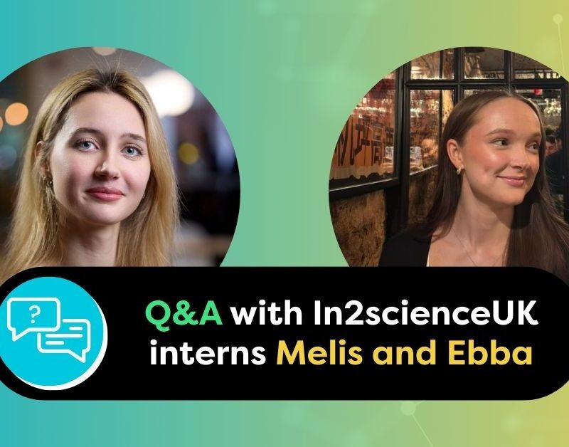 Graphic with title and photographs of In2scienceUK internship blog interviewees Melis and Ebba