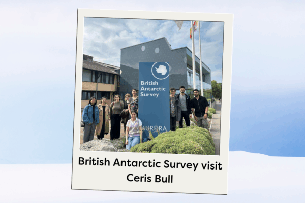 Antarctic background with polaroid graphic in the centre showing group of In2careers participants outside the British Antarctic Survey headquarters