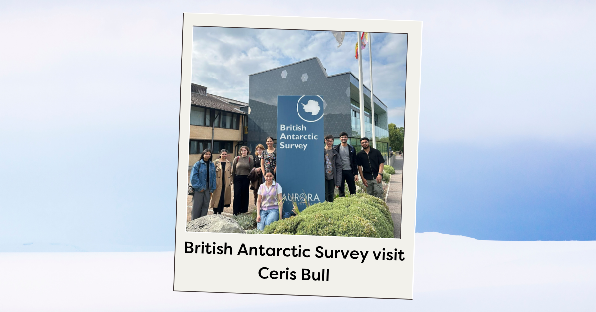 Antarctic background with polaroid graphic in the centre showing group of In2careers participants outside the British Antarctic Survey headquarters