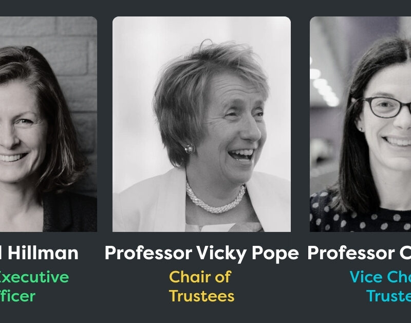 Headshot photographs of Rachel Hillman, Vicky Pope and Clare Ray (left to right) with their names and leadership titles underneath.