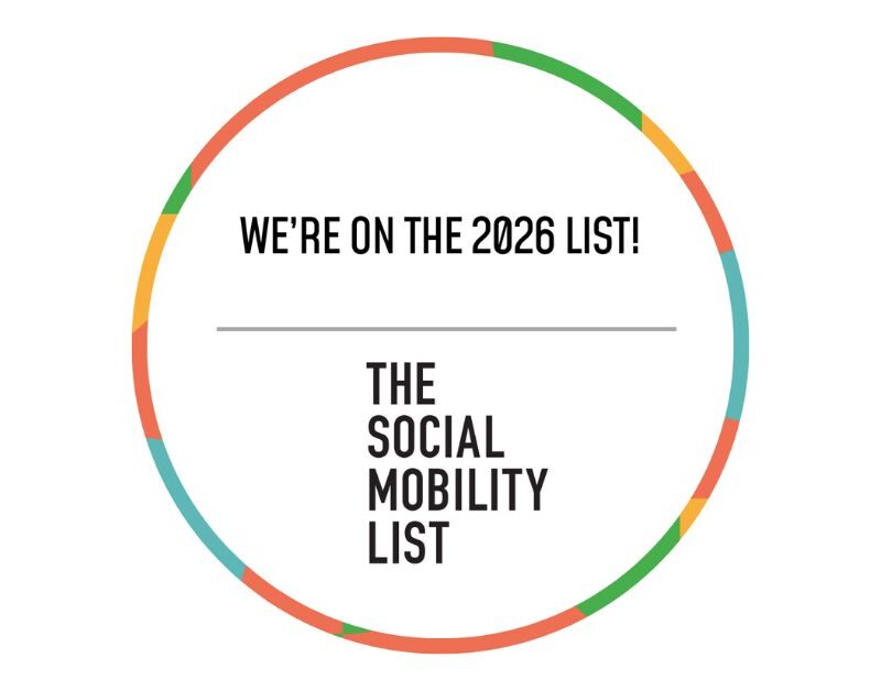 Graphic which reads 'we're on the 2026 list!' with the social mobility list logo underneath