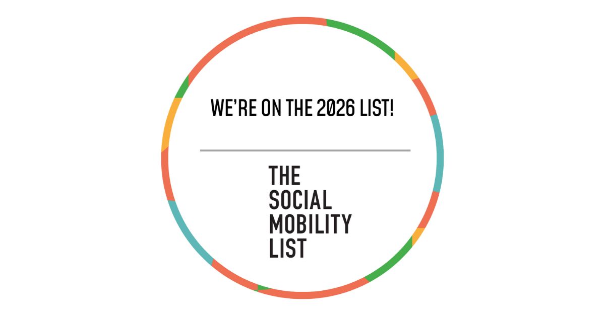 Graphic which reads 'we're on the 2026 list!' with the social mobility list logo underneath