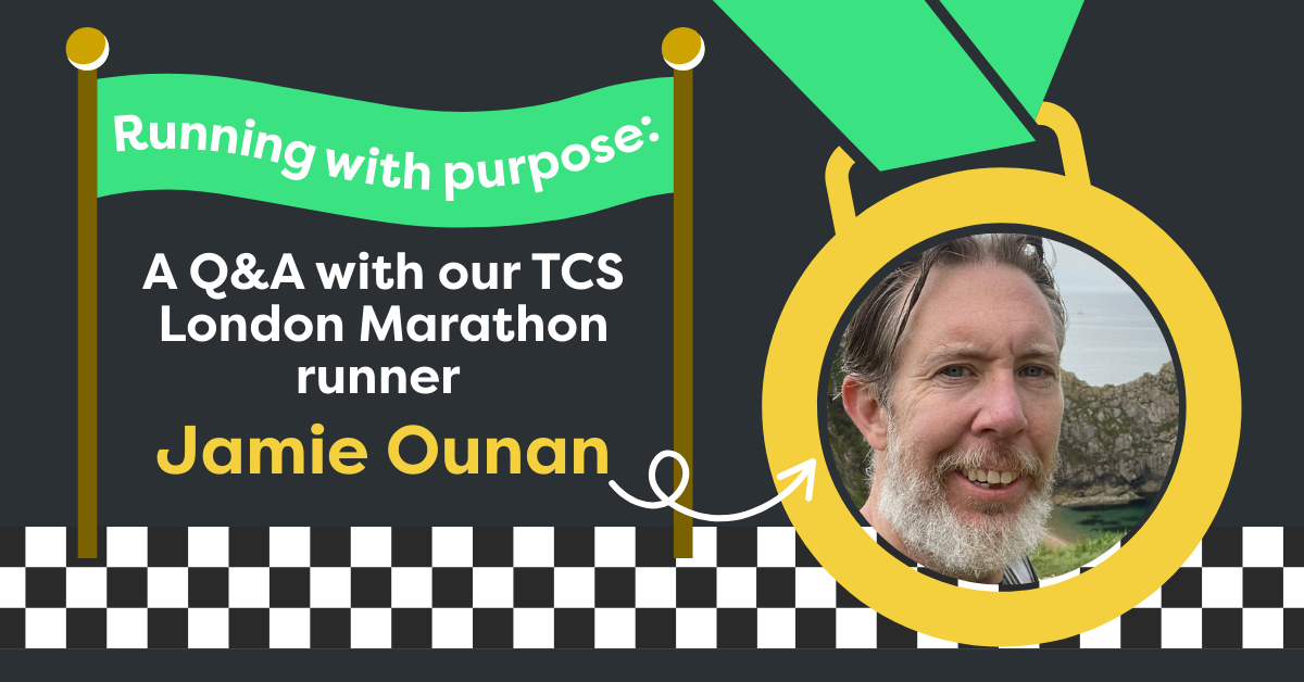 Graphic with title of the blog as a finish line to the left, with a photo of Jamie within a London Marathon medal next to it