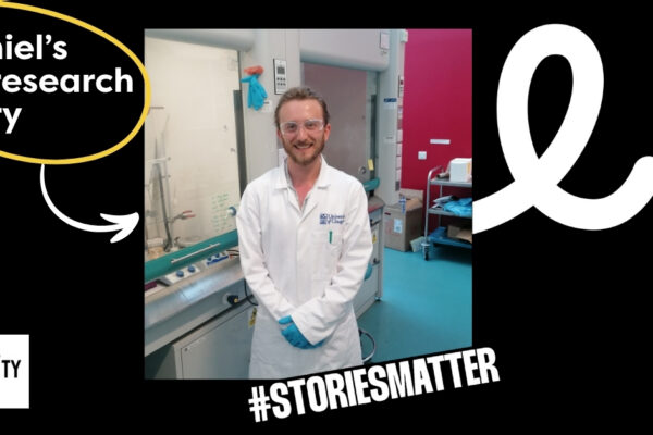 Graphic with text on the left saying 'Daniel's In2research story' with a photograph of Daniel in the centre. The social mobility logo and hashtag stories matter are along the bottom