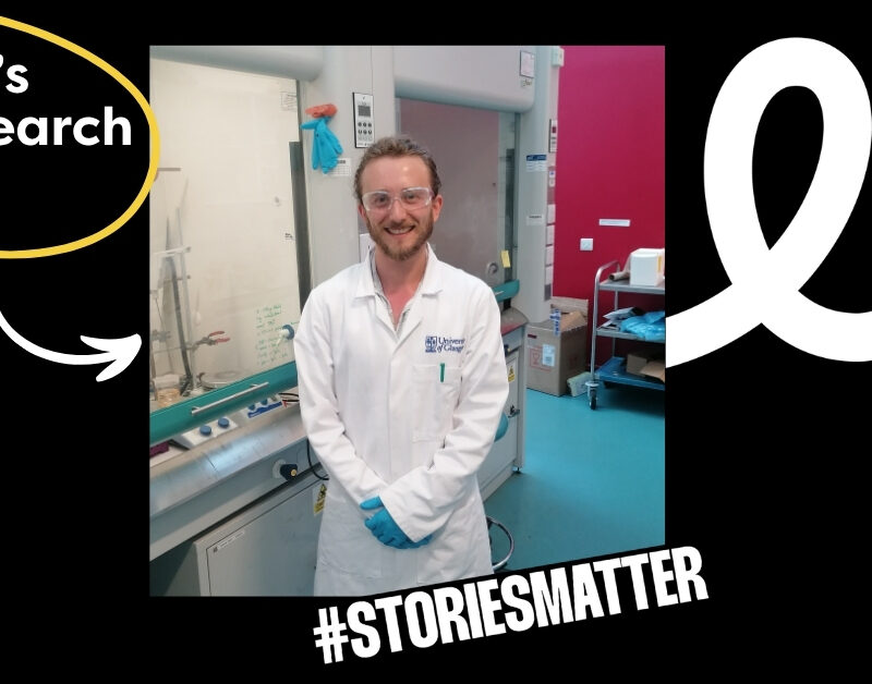 Graphic with text on the left saying 'Daniel's In2research story' with a photograph of Daniel in the centre. The social mobility logo and hashtag stories matter are along the bottom