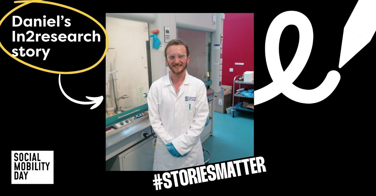 Graphic with text on the left saying 'Daniel's In2research story' with a photograph of Daniel in the centre. The social mobility logo and hashtag stories matter are along the bottom
