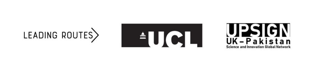 Logos of In2research's delivery partners: Leading Routes, UCL and Upsign (left to right)