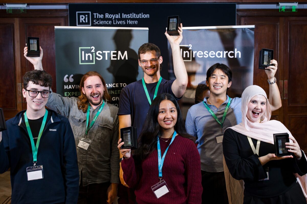 Photograph of the 2026 In2scienceUK celebration event award winners at the Royal Institution